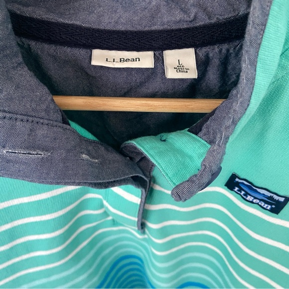 L.L. BEAN TEAL BLUE STRIPED LONG SLEEVED CLASSIC POLO SHIRT, LARGE - Picture 8 of 10